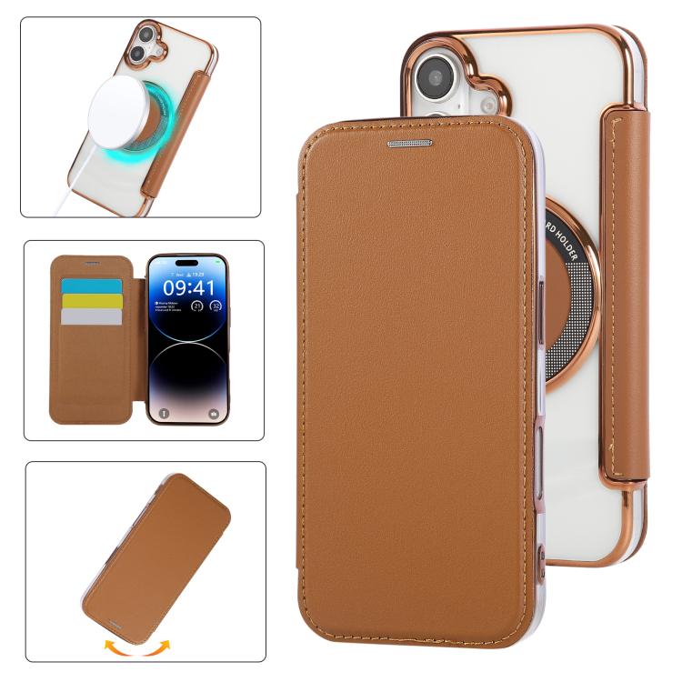For iPhone 17 Ultra-thin Magnetic Plating Vegan Leather Phone Case(Brown)