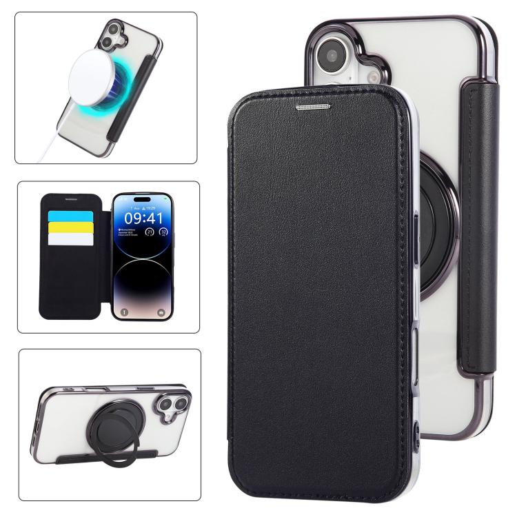 For iPhone 17 Ultra-thin Rotation Holder Magnetic Plating Vegan Leather Phone Case(Black)