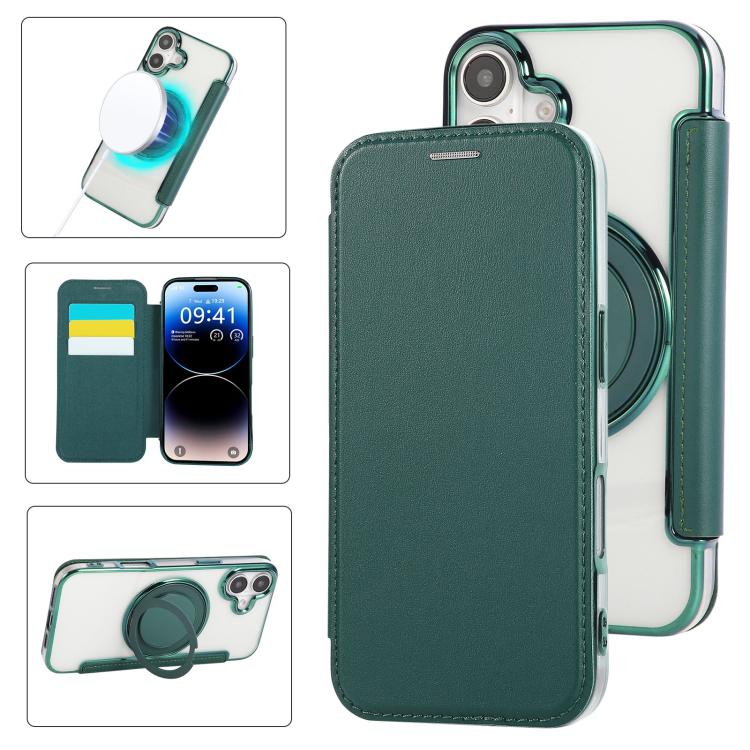 For iPhone 17 Ultra-thin Rotation Holder Magnetic Plating Vegan Leather Phone Case(Blackish Green)