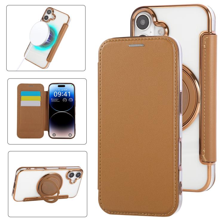 For iPhone 17 Ultra-thin Rotation Holder Magnetic Plating Vegan Leather Phone Case(Brown)