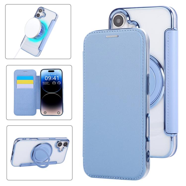 For iPhone 17 Ultra-thin Rotation Holder Magnetic Plating Vegan Leather Phone Case(Sierra Blue)