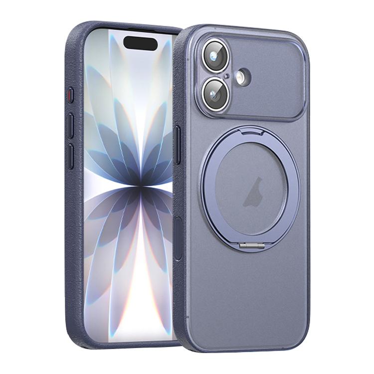 For iPhone 17 Vegan Leather Magnetic Phone Case with 360 Degrees Rotating Stand(Deep Sea Blue)