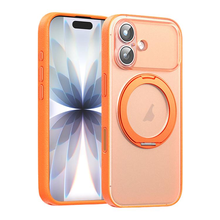 For iPhone 17 Vegan Leather Magnetic Phone Case with 360 Degrees Rotating Stand(Orange)