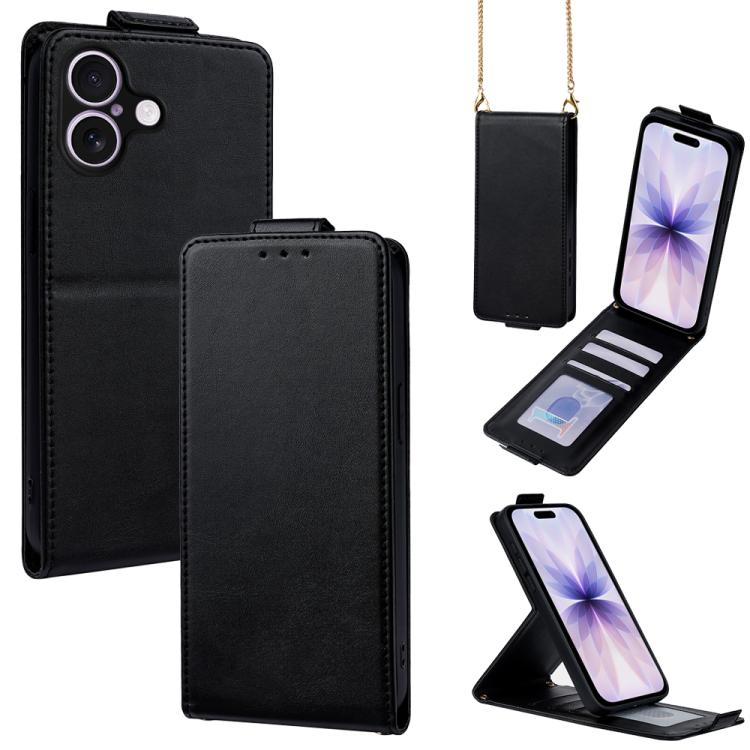 For iPhone 17 Vertical Flip Cover Solid Color Vegan Leather Phone Case with Crossbody Chain(Black)