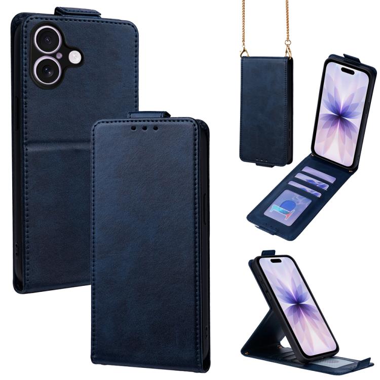 For iPhone 17 Vertical Flip Cover Solid Color Vegan Leather Phone Case with Crossbody Chain(Blue)