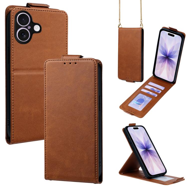 For iPhone 17 Vertical Flip Cover Solid Color Vegan Leather Phone Case with Crossbody Chain(Brown)