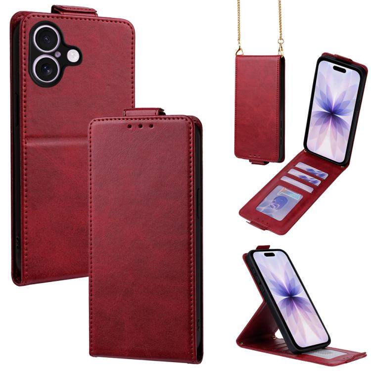 For iPhone 17 Vertical Flip Cover Solid Color Vegan Leather Phone Case with Crossbody Chain(Red)