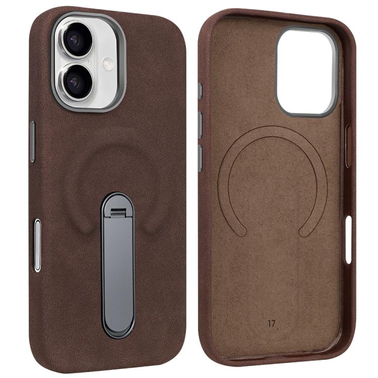 For iPhone 17 VIETAO Suede MagSafe PU Leather Phone Case with Holder(Coffee Brown)