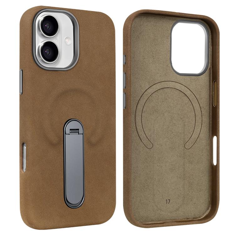 For iPhone 17 VIETAO Suede MagSafe PU Leather Phone Case with Holder(Dark Brown)