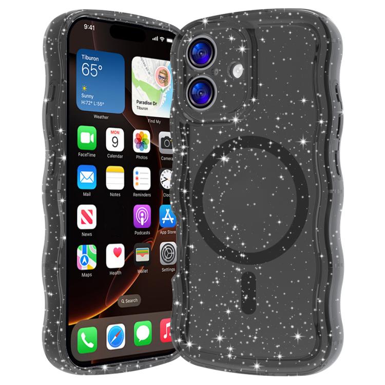 For iPhone 17 Wave Glitter MagSafe Magnetic TPU Phone Case(Transparent Black)