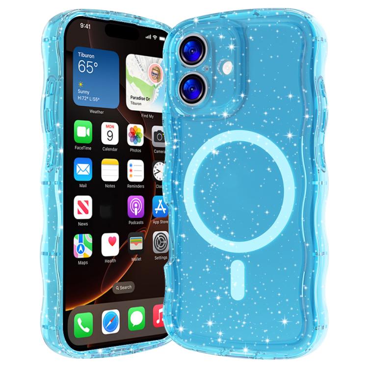 For iPhone 17 Wave Glitter MagSafe Magnetic TPU Phone Case(Transparent Blue)