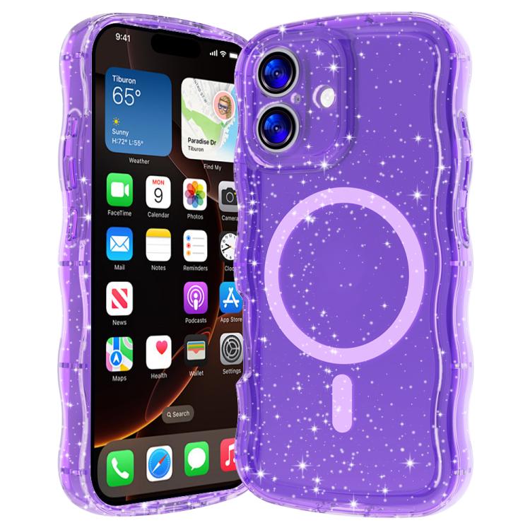 For iPhone 17 Wave Glitter MagSafe Magnetic TPU Phone Case(Transparent Purple)