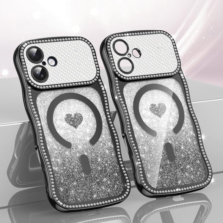 For iPhone 17 Wavy Frame Star Diamond Electroplate TPU Glitter Heart Magnetic Phone Case(Gradient Black)