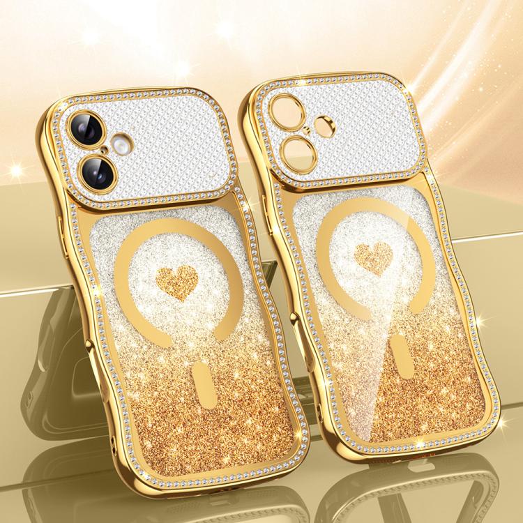 For iPhone 17 Wavy Frame Star Diamond Electroplate TPU Glitter Heart Magnetic Phone Case(Gradient Gold)
