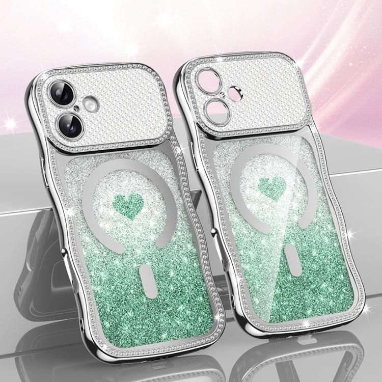 For iPhone 17 Wavy Frame Star Diamond Electroplate TPU Glitter Heart Magnetic Phone Case(Gradient Green)