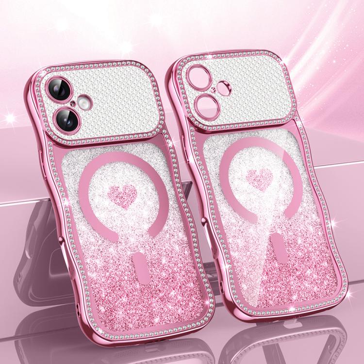 For iPhone 17 Wavy Frame Star Diamond Electroplate TPU Glitter Heart Magnetic Phone Case(Gradient Pink)