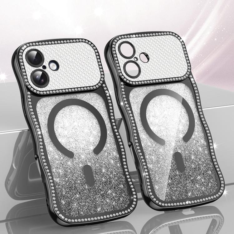 For iPhone 17 Wavy Frame Star Diamond Electroplate TPU Glitter Magnetic Phone Case(Gradient Black)