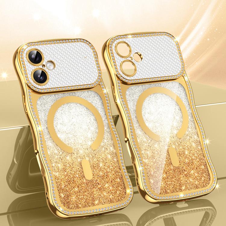 For iPhone 17 Wavy Frame Star Diamond Electroplate TPU Glitter Magnetic Phone Case(Gradient Gold)