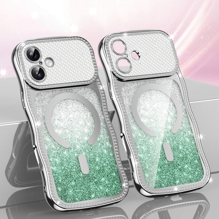 For iPhone 17 Wavy Frame Star Diamond Electroplate TPU Glitter Magnetic Phone Case(Gradient Green)