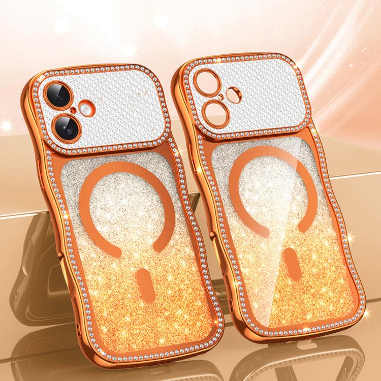 For iPhone 17 Wavy Frame Star Diamond Electroplate TPU Glitter Magnetic Phone Case(Gradient Orange)