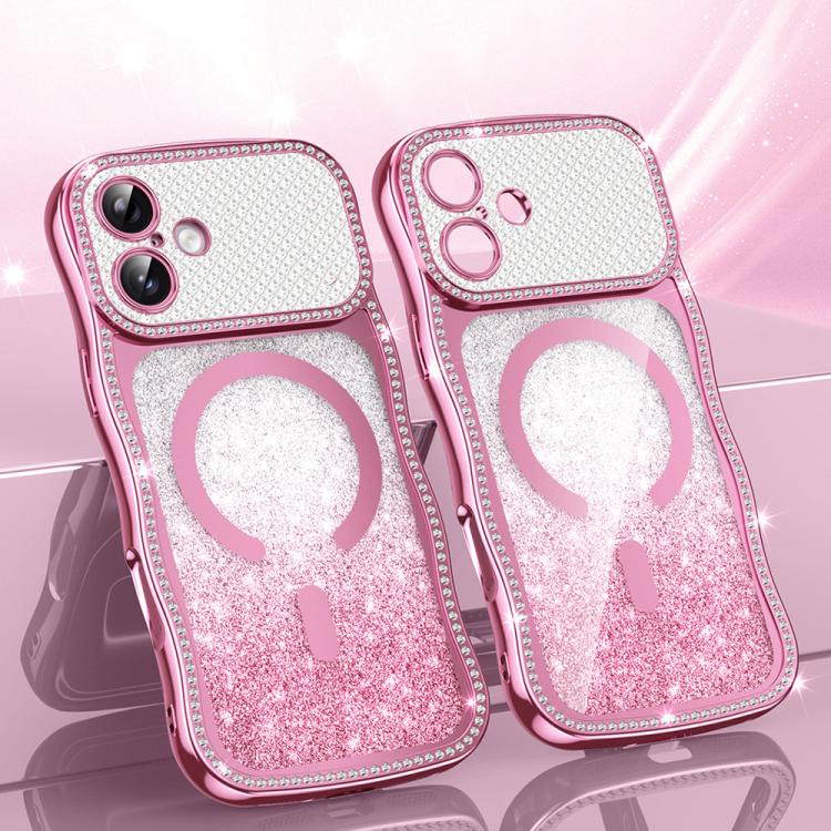 For iPhone 17 Wavy Frame Star Diamond Electroplate TPU Glitter Magnetic Phone Case(Gradient Pink)