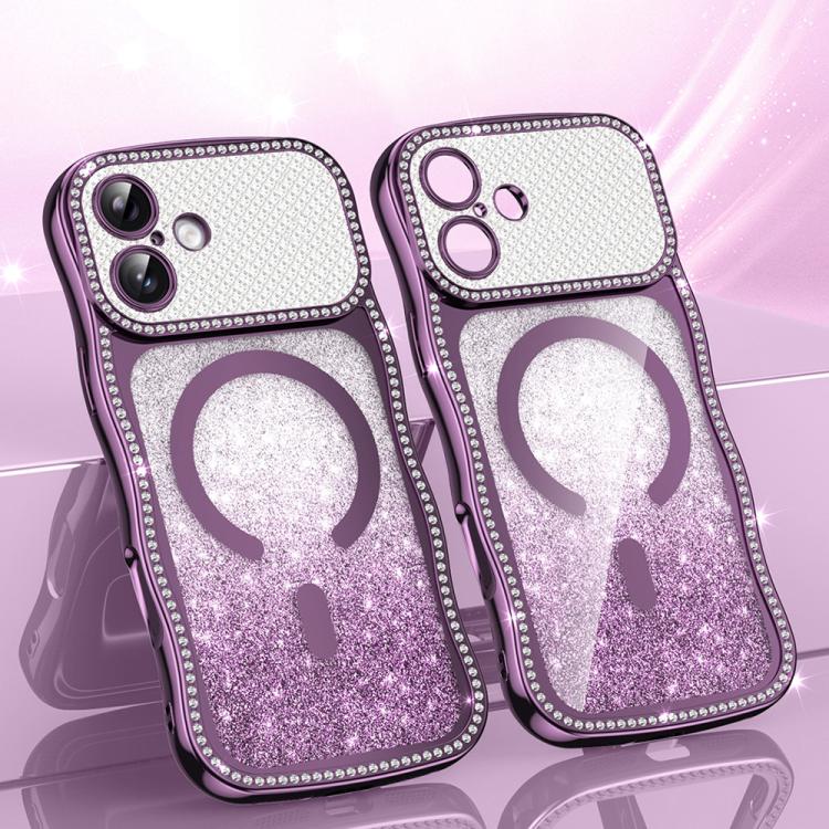 For iPhone 17 Wavy Frame Star Diamond Electroplate TPU Glitter Magnetic Phone Case(Gradient Purple)