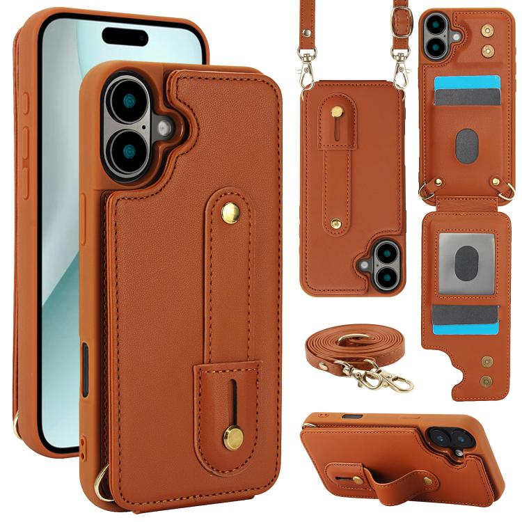For iPhone 17 Wristband Vertical Flip Wallet Back Cover Phone Case with Long Lanyard(Brown)