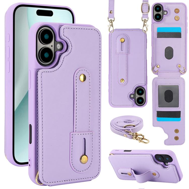 For iPhone 17 Wristband Vertical Flip Wallet Back Cover Phone Case with Long Lanyard(Purple)