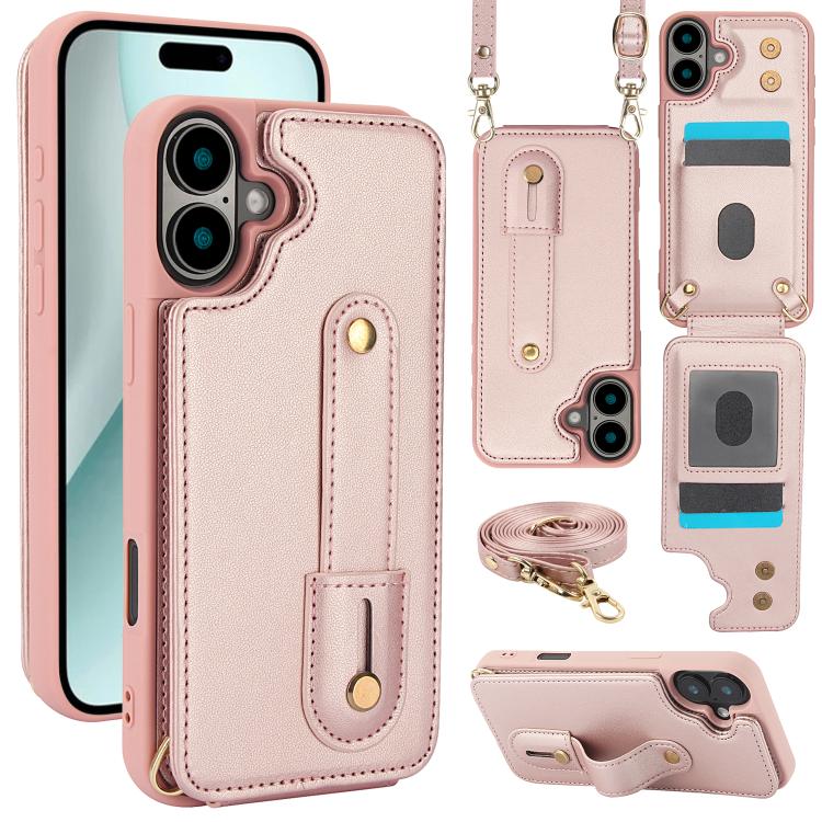 For iPhone 17 Wristband Vertical Flip Wallet Back Cover Phone Case with Long Lanyard(Rose Gold)