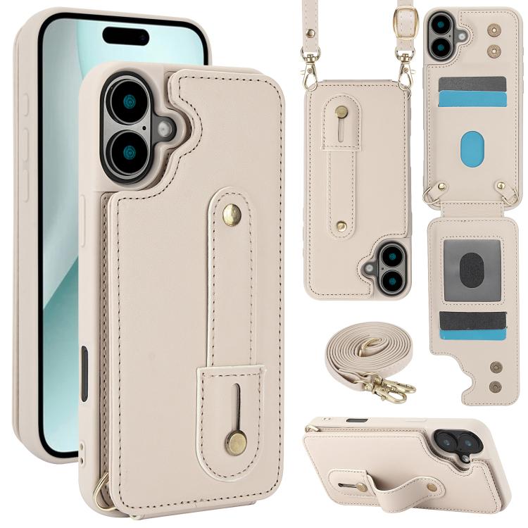 For iPhone 17 Wristband Vertical Flip Wallet Back Cover Phone Case with Long Lanyard(White)