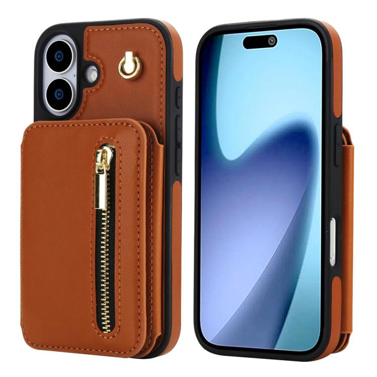 For iPhone 17 YM006 Skin Feel Zipper Card Bag Phone Case with Dual Lanyard(Brown)