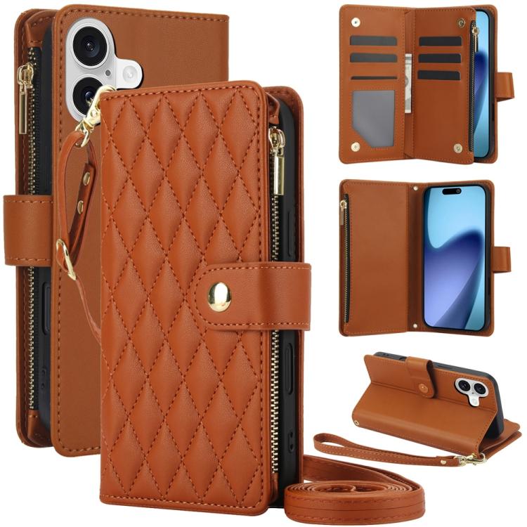 For iPhone 17 YM016 Rhombic Zipper Card Wallet Leather Phone Case with Lanyard(Brown)