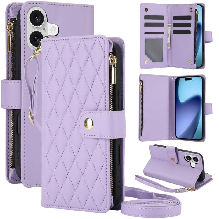 For iPhone 17 YM016 Rhombic Zipper Card Wallet Leather Phone Case with Lanyard(Light Purple)
