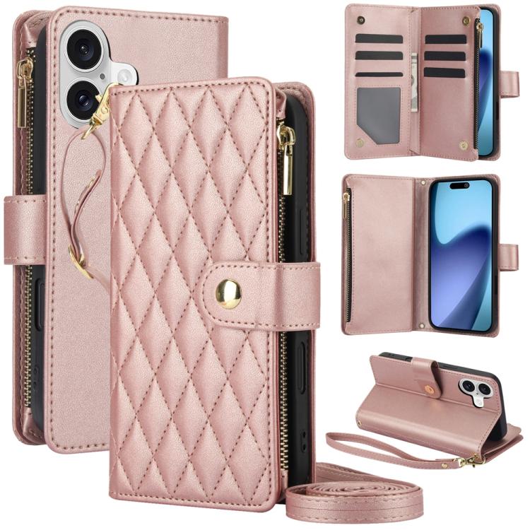 For iPhone 17 YM016 Rhombic Zipper Card Wallet Leather Phone Case with Lanyard(Rose Gold)