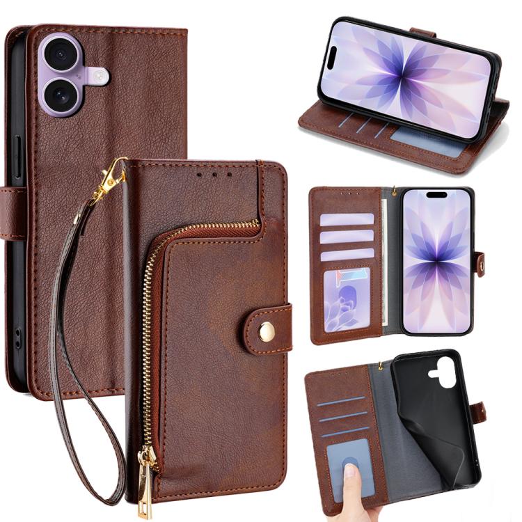 For iPhone 17 Zipper Bag Leather Phone Case(Brown)