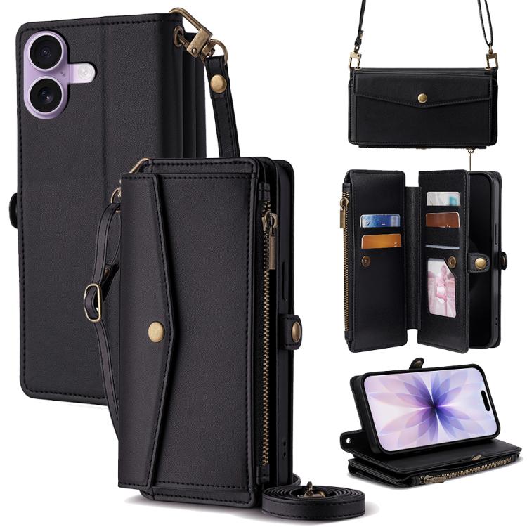 For iPhone 17 Zipper Wallet Side Buckle Crossbody Lanyard Leather Phone Case(Black)