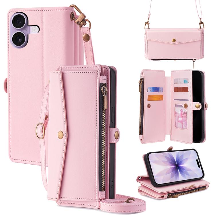 For iPhone 17 Zipper Wallet Side Buckle Crossbody Lanyard Leather Phone Case(Rose Gold)