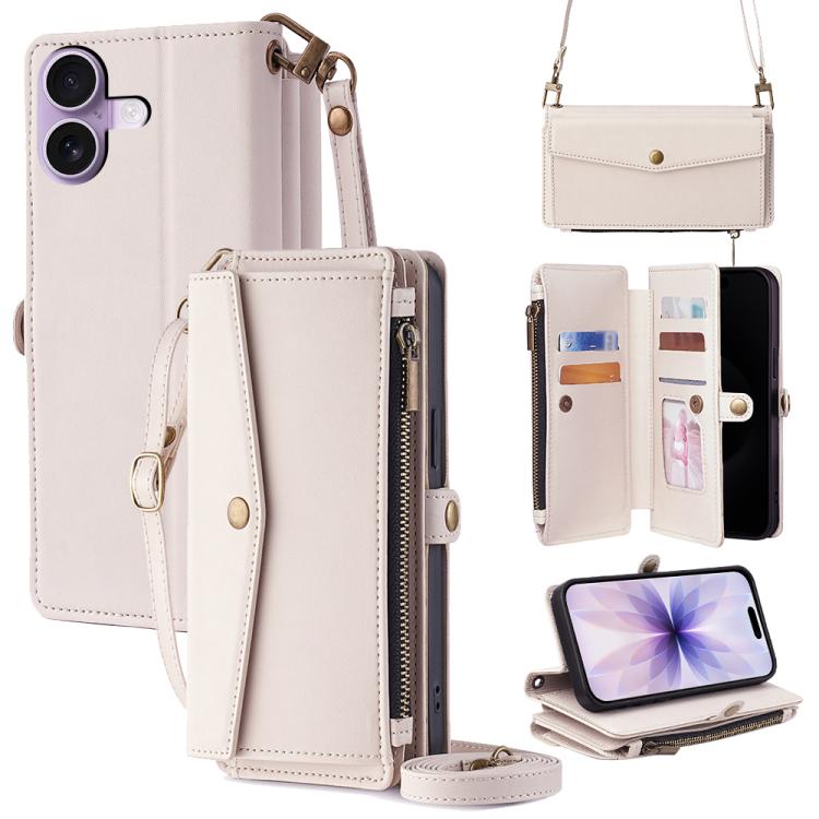 For iPhone 17 Zipper Wallet Side Buckle Crossbody Lanyard Leather Phone Case(White)