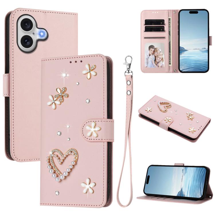 For iPhone 17 ZS01 Double-Layer Heart Floral Vegan Leather Phone Case with Wrist Strap(Pink)