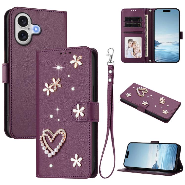 For iPhone 17 ZS01 Double-Layer Heart Floral Vegan Leather Phone Case with Wrist Strap(Violet)