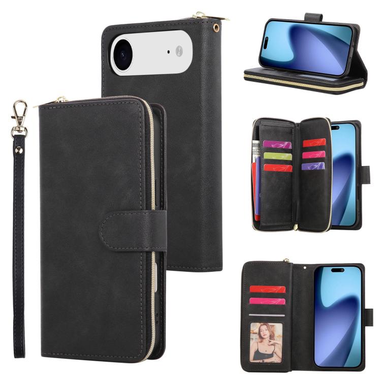 For iPhone Air 9 Card Slots Zipper Wallet Bag Leather Phone Case(Black)
