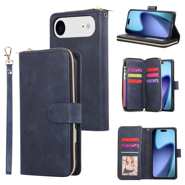 For iPhone Air 9 Card Slots Zipper Wallet Bag Leather Phone Case(Blue)