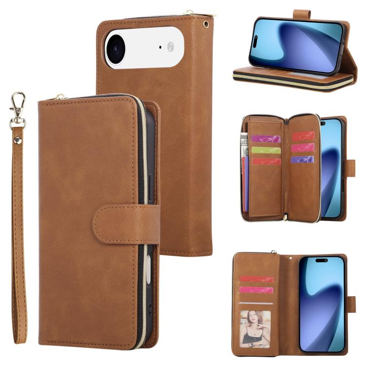 For iPhone Air 9 Card Slots Zipper Wallet Bag Leather Phone Case(Brown)