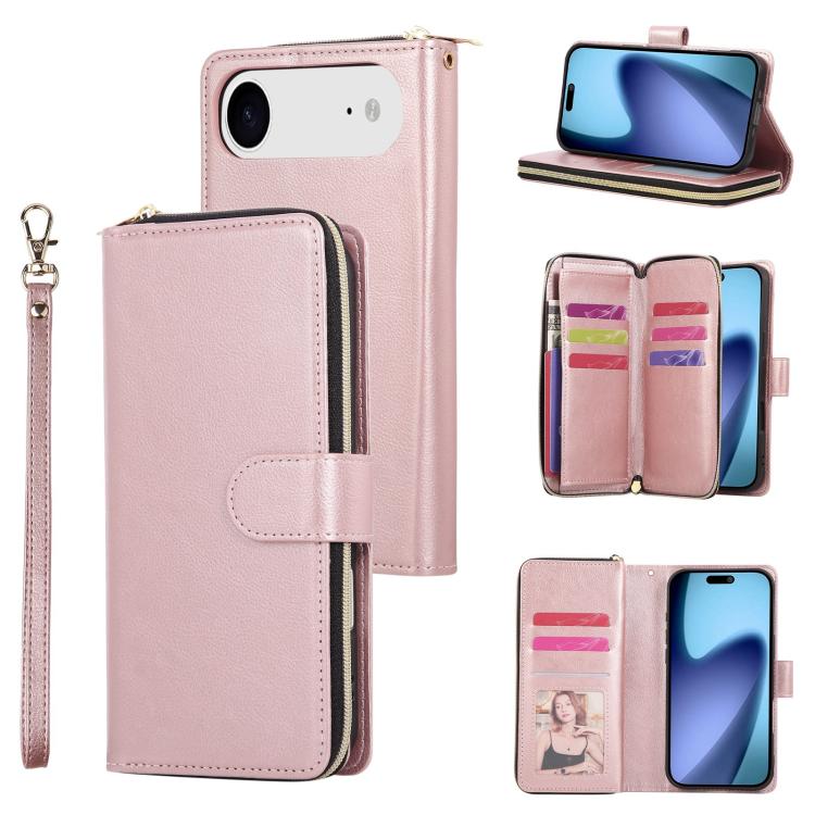 For iPhone Air 9 Card Slots Zipper Wallet Bag Leather Phone Case(Rose Gold)