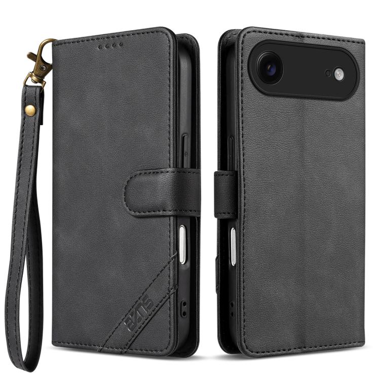 For iPhone Air AZNS A2 Series Tri-Card Wallet RFID Vegan Leather Phone Case with Strap(Black)