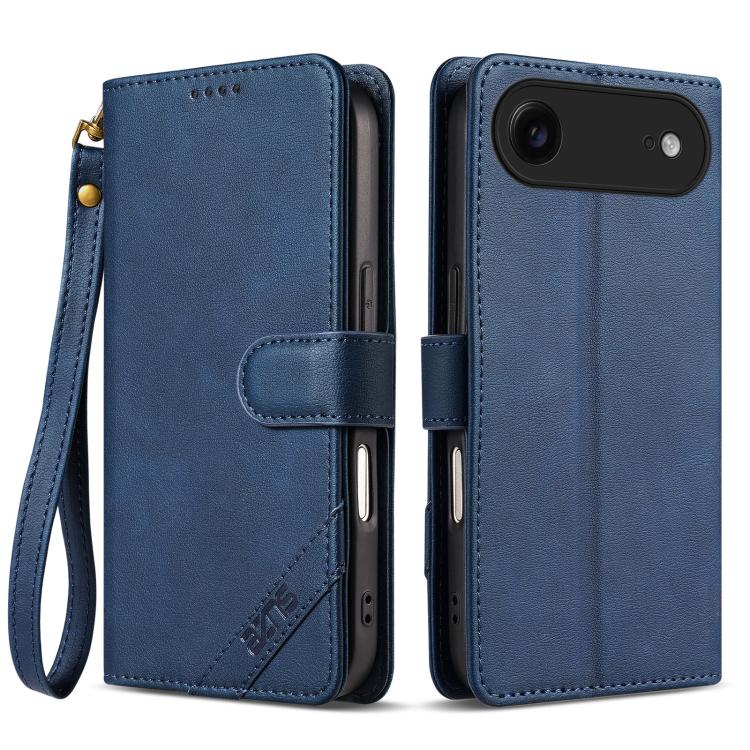 For iPhone Air AZNS A2 Series Tri-Card Wallet RFID Vegan Leather Phone Case with Strap(Blue)