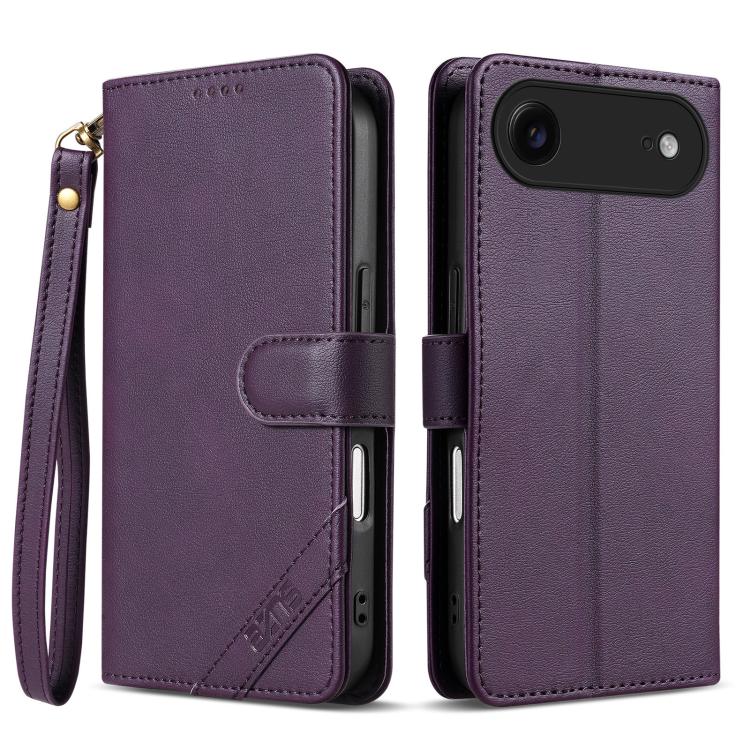 For iPhone Air AZNS A2 Series Tri-Card Wallet RFID Vegan Leather Phone Case with Strap(Purple)