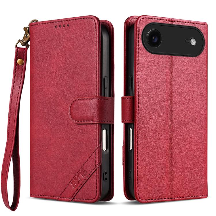 For iPhone Air AZNS A2 Series Tri-Card Wallet RFID Vegan Leather Phone Case with Strap(Red)