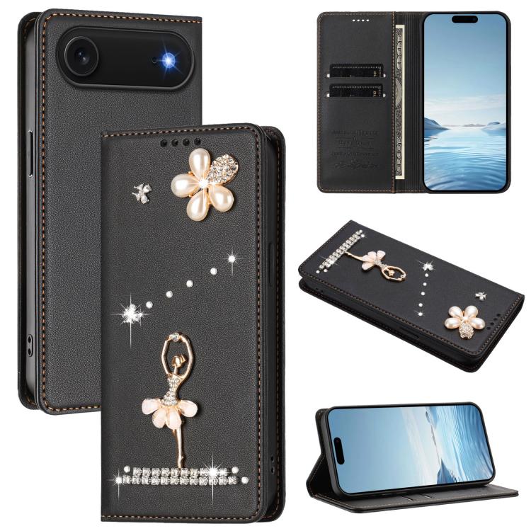 For iPhone Air Ballet Girl Diamond Studded RFID Vegan Leather Phone Case(Black)