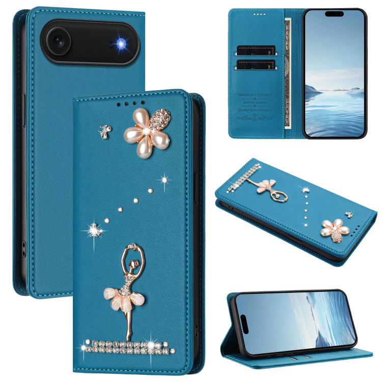For iPhone Air Ballet Girl Diamond Studded RFID Vegan Leather Phone Case(Lake Blue)